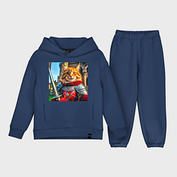 Детский костюм оверсайз Рыжий кот рыцарь с мечом, цвет: тёмно-синий