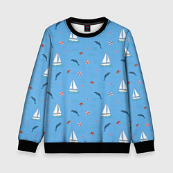 Свитшот детский Море, дельфины, парусник, цвет: 3D-черный