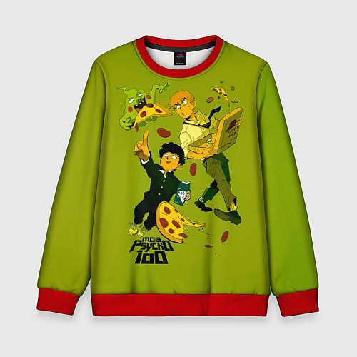 Детский свитшот Шигео, Ямочки и Рэйгэн налет на пиццу - Mob Psycho / 3D-Красный – фото 1