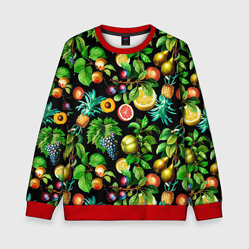 Детский свитшот Сочные фрукты - персик, груша, слива, ананас / 3D-Красный – фото 1