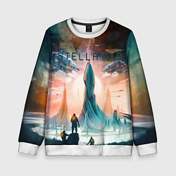 Свитшот детский Stellaris космические корабли на фоне башни, цвет: 3D-белый