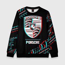 Свитшот детский Значок Porsche в стиле Glitch на темном фоне, цвет: 3D-черный