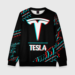 Свитшот детский Значок Tesla в стиле Glitch на темном фоне, цвет: 3D-черный