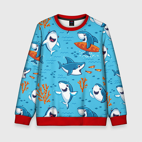Детский свитшот Прикольные акулята - паттерн / 3D-Красный – фото 1