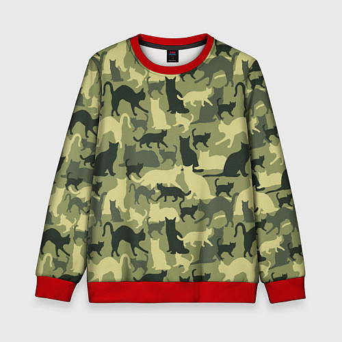 Детский свитшот Кошачий камуфляж в зеленой гамме / 3D-Красный – фото 1