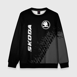 Свитшот детский Skoda speed на темном фоне со следами шин: символ, цвет: 3D-черный