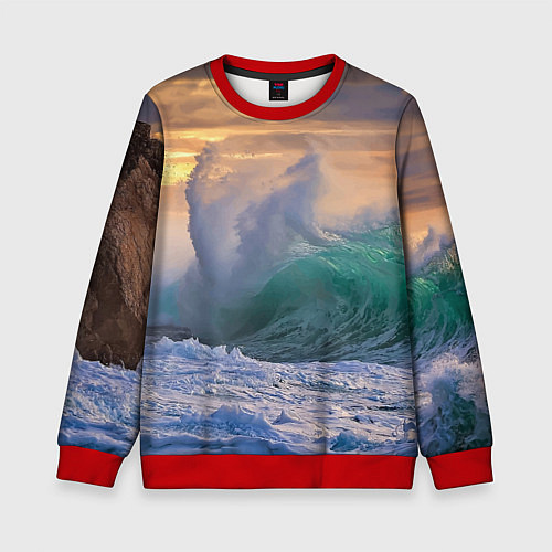 Детский свитшот Штормовая волна, накатывающая на берег / 3D-Красный – фото 1