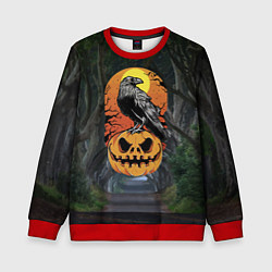 Свитшот детский Ворон, сидящий на тыкве - Halloween, цвет: 3D-красный