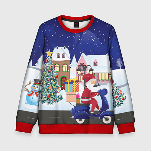 Детский свитшот Дед Мороз едет на скутере с подарками в Новогоднюю / 3D-Красный – фото 1