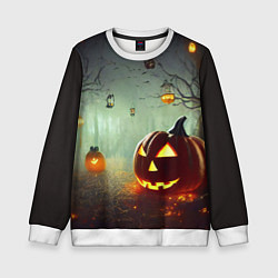 Свитшот детский Тыква на Хэллоуин в ночном туманном лесу, цвет: 3D-белый