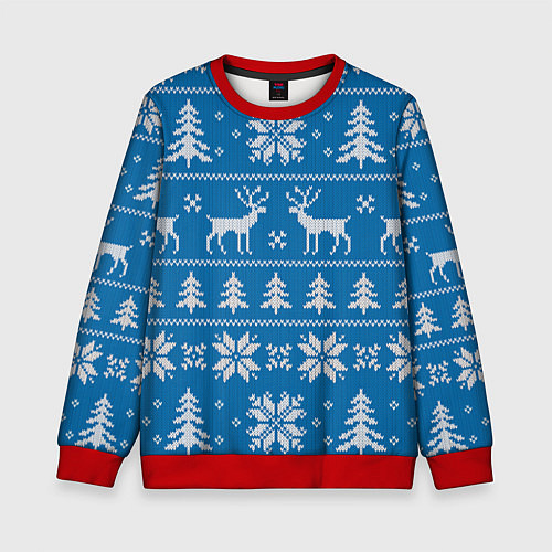 Детский свитшот Рождественский синий свитер с оленями / 3D-Красный – фото 1