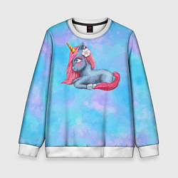 Свитшот детский Синий единорог с розовой гривой, цвет: 3D-белый