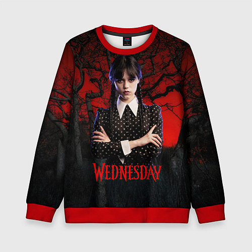 Детский свитшот Уэнсдэй на фоне леса / 3D-Красный – фото 1