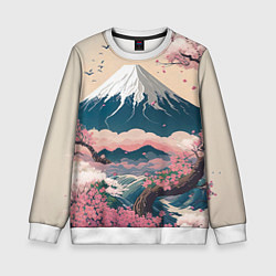 Свитшот детский Японский пейзаж: цветение сакуры у горы Фудзияма, цвет: 3D-белый