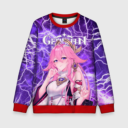 Детский свитшот Яэ Мико на фоне молний / 3D-Красный – фото 1