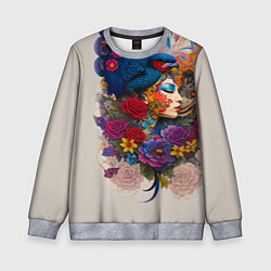 Свитшот детский Профиль девушки с птицей - татуировка, цвет: 3D-меланж