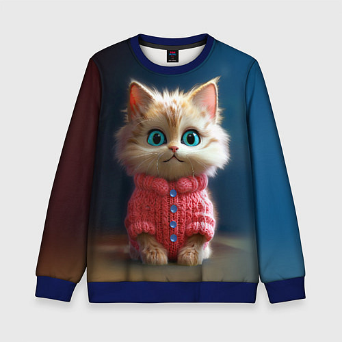 Детский свитшот Котик в розовом свитере / 3D-Синий – фото 1