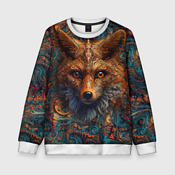 Свитшот детский Морда лисы на фрактальных узорах, цвет: 3D-белый