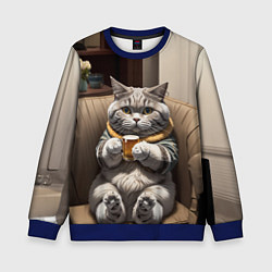 Свитшот детский Кот сидит на диване с напитком, цвет: 3D-синий
