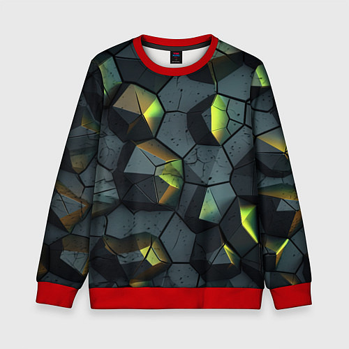 Детский свитшот Черная текстура с зелеными камнями / 3D-Красный – фото 1