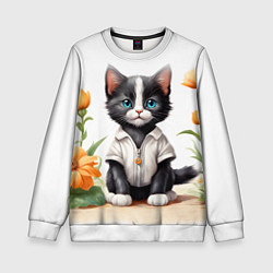 Свитшот детский Котенок на цветочной поляне, цвет: 3D-белый