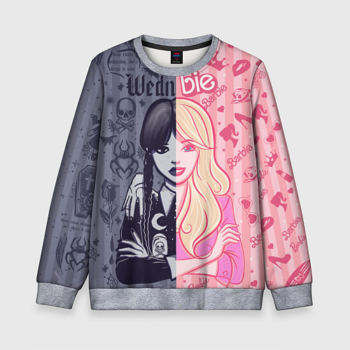 Детский свитшот Барби и Уэнсдей - мои две личности: в стиле тату / 3D-Меланж – фото 1
