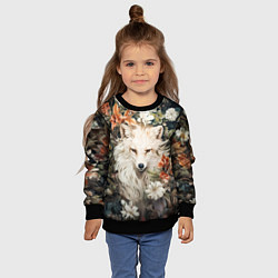 Свитшот детский Белая лисица в кустах цветов, цвет: 3D-черный — фото 2