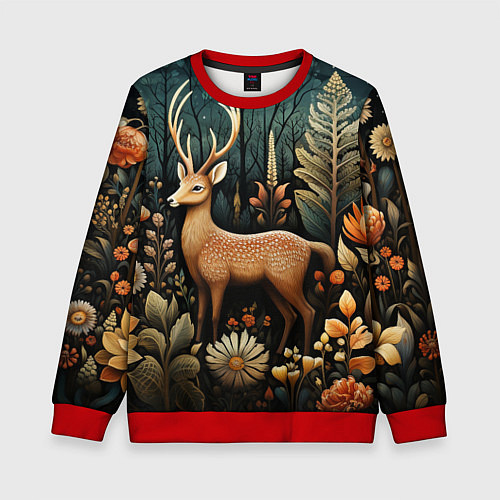 Детский свитшот Лесной олень в стиле фолк-арт / 3D-Красный – фото 1