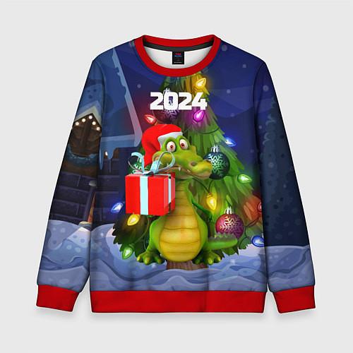 Детский свитшот Дракон с подарком у елки / 3D-Красный – фото 1