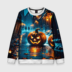 Свитшот детский Темная ночная улица и жуткие тыквы, цвет: 3D-белый