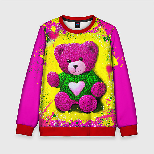 Детский свитшот Розовый мишка в свитере / 3D-Красный – фото 1