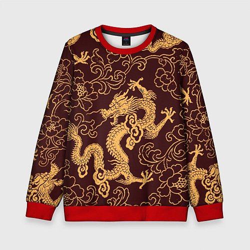 Детский свитшот Черно-золотая гравюра дракона / 3D-Красный – фото 1