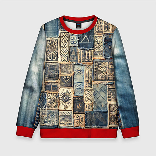 Детский свитшот Татуировки племени майя пэчворк / 3D-Красный – фото 1