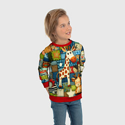 Свитшот детский Жираф и компания - пэчворк нейросеть, цвет: 3D-красный — фото 2