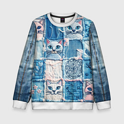 Свитшот детский Кошки на пэчворк джинсах паттерн, цвет: 3D-белый
