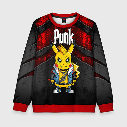 Детский свитшот Пикачу панк на фоне красных разломов черной тексту / 3D-Красный – фото 1