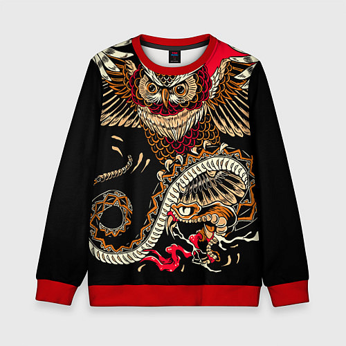 Детский свитшот Сова и змея - японский стиль / 3D-Красный – фото 1