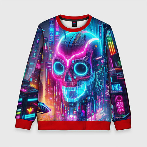 Детский свитшот Neon skull in metropolis - future / 3D-Красный – фото 1