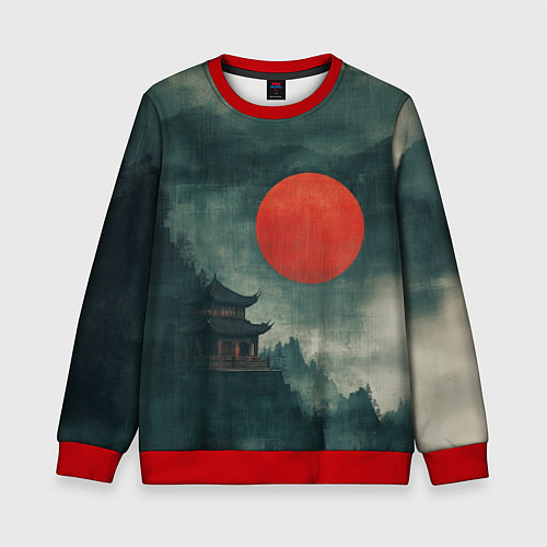 Детский свитшот Храм в горах - японский пейзаж / 3D-Красный – фото 1