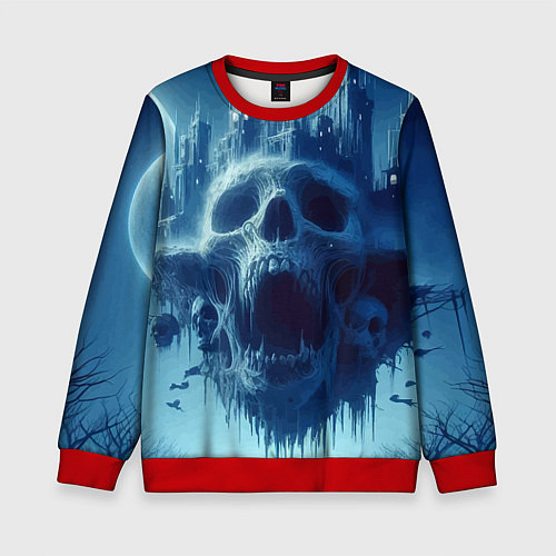 Детский свитшот Фантастический череп и сказочный город под луной / 3D-Красный – фото 1