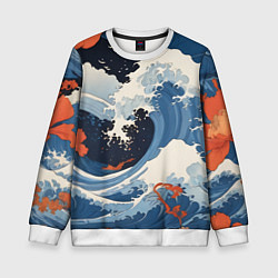 Свитшот детский Япония волны алые цветы, цвет: 3D-белый