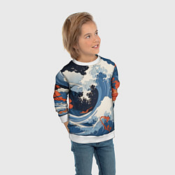 Свитшот детский Япония волны алые цветы, цвет: 3D-белый — фото 2