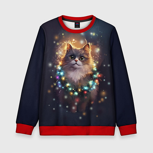 Детский свитшот Уютный котик - Новый год / 3D-Красный – фото 1