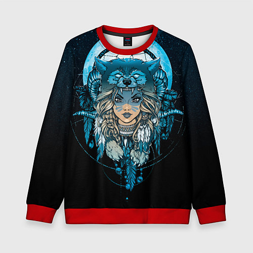 Детский свитшот Девушка-шаманка в шапке волка / 3D-Красный – фото 1