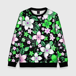 Свитшот детский Зелёно-белые цветы на чёрном фоне, цвет: 3D-черный