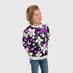 Свитшот детский Фиолетово-белые цветы на чёрном фоне, цвет: 3D-белый — фото 2