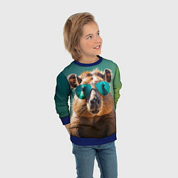 Свитшот детский Капибара на зеленом фоне, цвет: 3D-синий — фото 2
