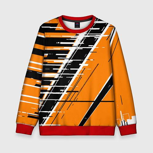 Детский свитшот Чёрно-белые глитч полосы на оранжевом фоне / 3D-Красный – фото 1