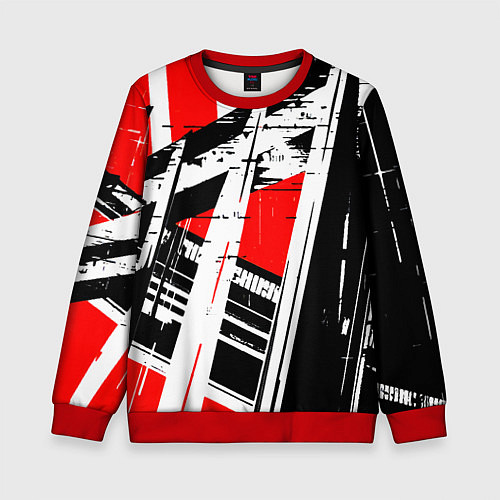 Детский свитшот Чёрно-белые абстрактные линии на красном фоне / 3D-Красный – фото 1
