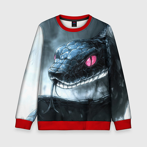 Детский свитшот Черная змея с розовыми глазами / 3D-Красный – фото 1